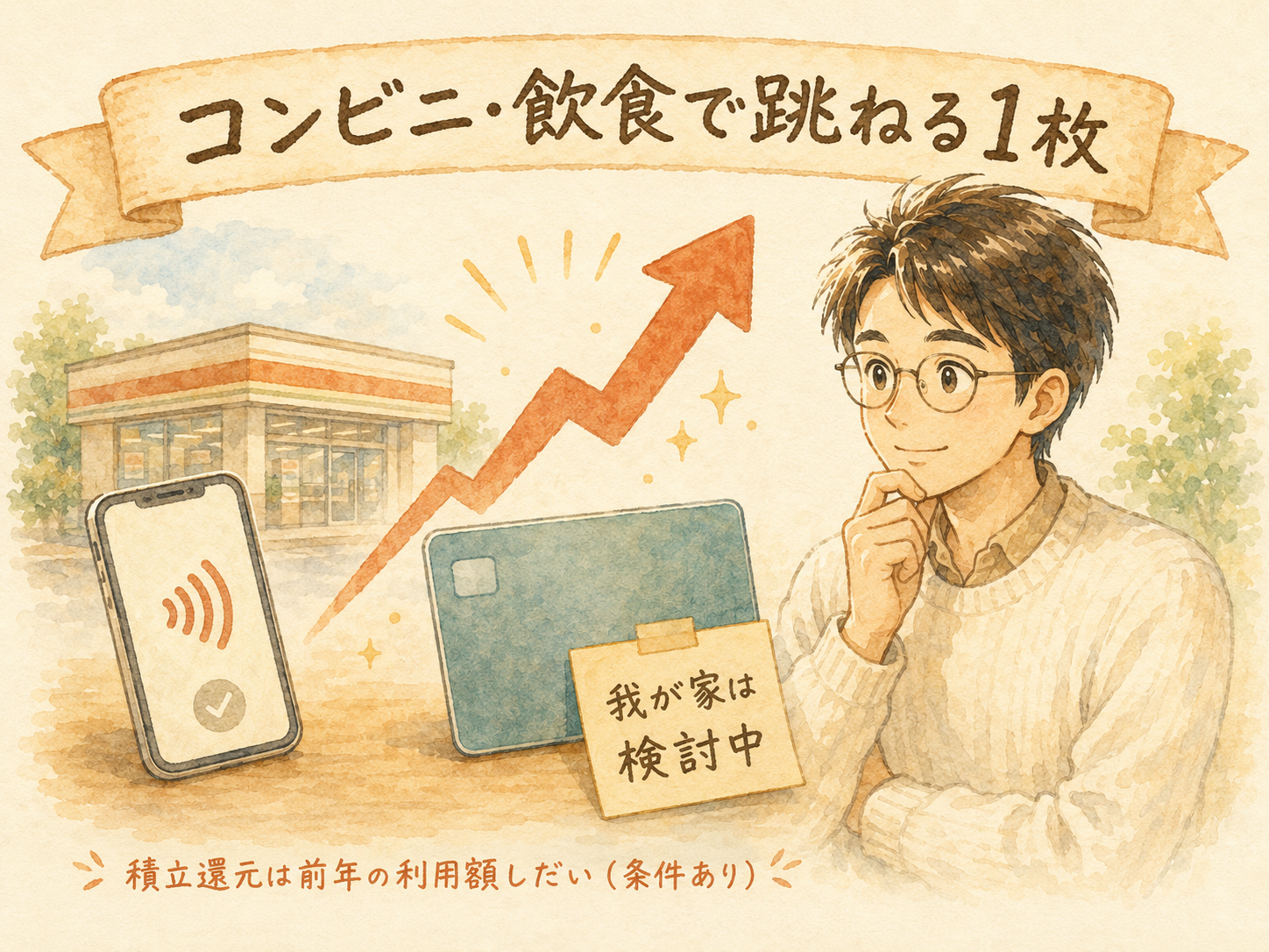 コンビニ・飲食で還元率が跳ねる1枚（積立還元は前年の利用額しだい）を示すイラスト