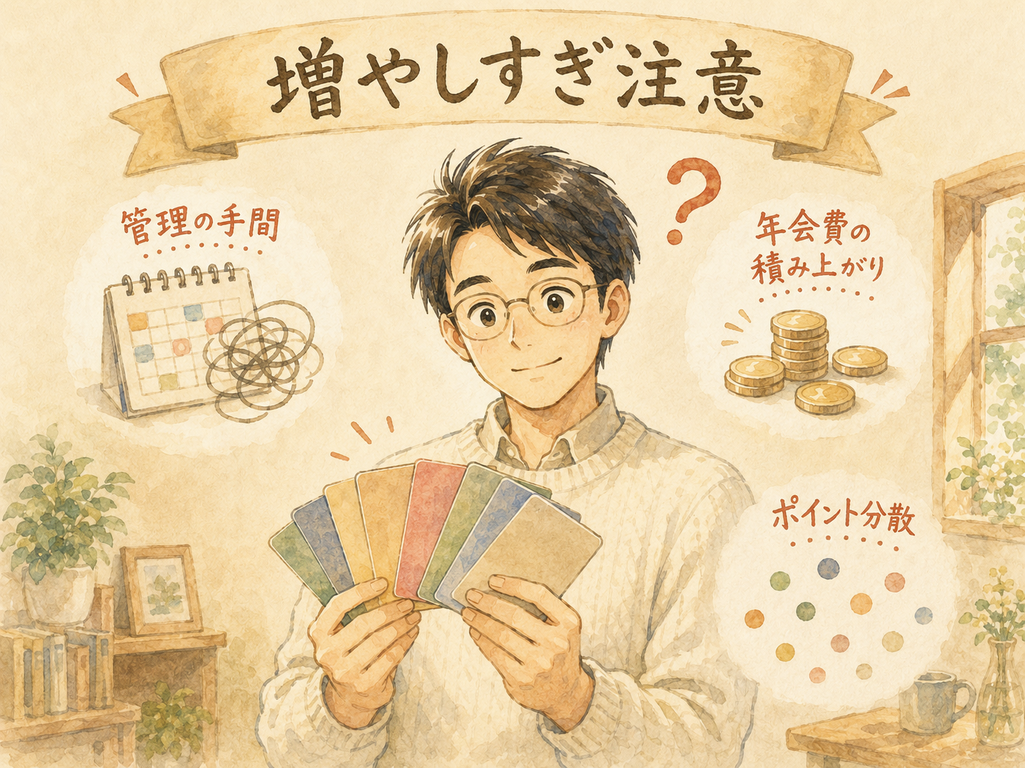 カードの増やしすぎ注意：管理の手間・年会費の積み上がり・ポイント分散のイラスト